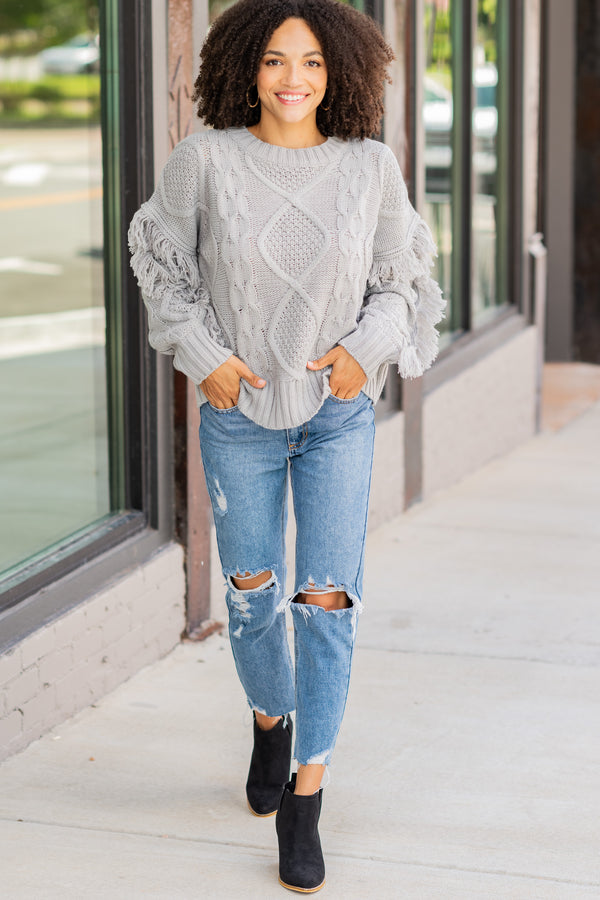 All Or Nothing Gray Fringe Sweater