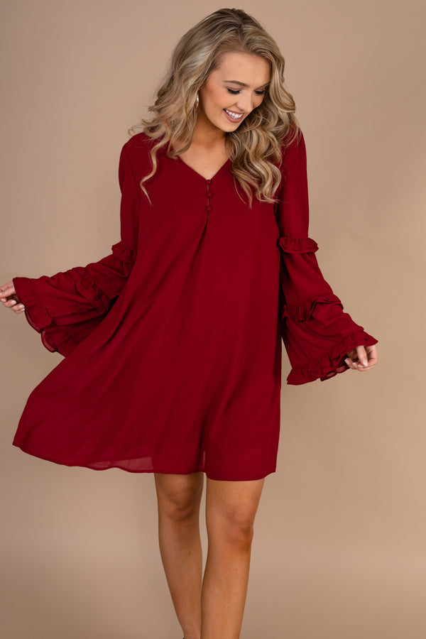 wine, red, ruffled sleeve dress, red dress, feminine, ruffled detailed sleeves, long sleeves, full lining, partially buttoned v-neck, fall, winter