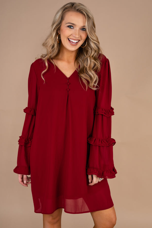 wine, red, ruffled sleeve dress, red dress, feminine, ruffled detailed sleeves, long sleeves, full lining, partially buttoned v-neck, fall, winter