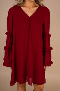 wine, red, ruffled sleeve dress, red dress, feminine, ruffled detailed sleeves, long sleeves, full lining, partially buttoned v-neck, fall, winter