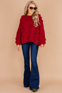 sweater, long sleeves, round neckline, knit fabric, pompoms, red