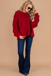 sweater, long sleeves, round neckline, knit fabric, pompoms, red