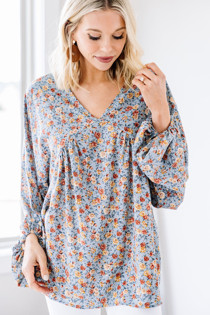 Cute Dusty Blue Ditsy Floral Top - Trendy Tops for Women – Shop the Mint