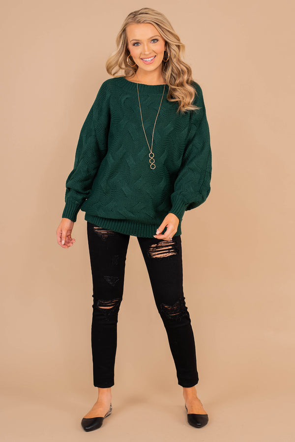 long sleeves, loose knit fabric, wide neckline, chic sweater, hunter green 