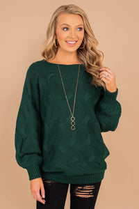 long sleeves, loose knit fabric, wide neckline, chic sweater, hunter green 