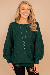 long sleeves, loose knit fabric, wide neckline, chic sweater, hunter green 