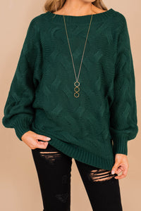 long sleeves, loose knit fabric, wide neckline, chic sweater, hunter green 