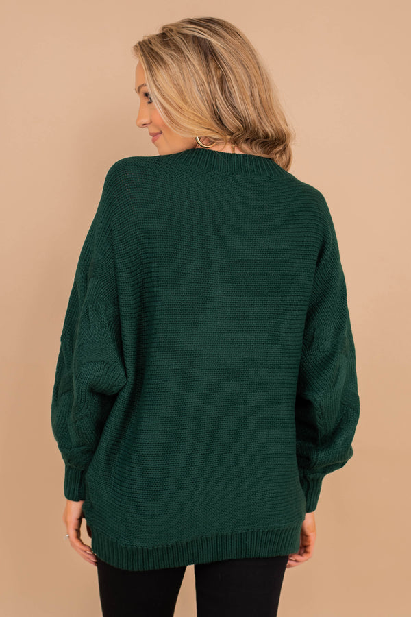 long sleeves, loose knit fabric, wide neckline, chic sweater, hunter green 