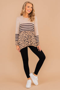 round neckline, long sleeves, stripes, leopard print, shark bite hemline, comfy