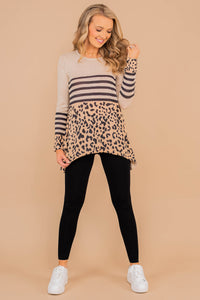 round neckline, long sleeves, stripes, leopard print, shark bite hemline, comfy