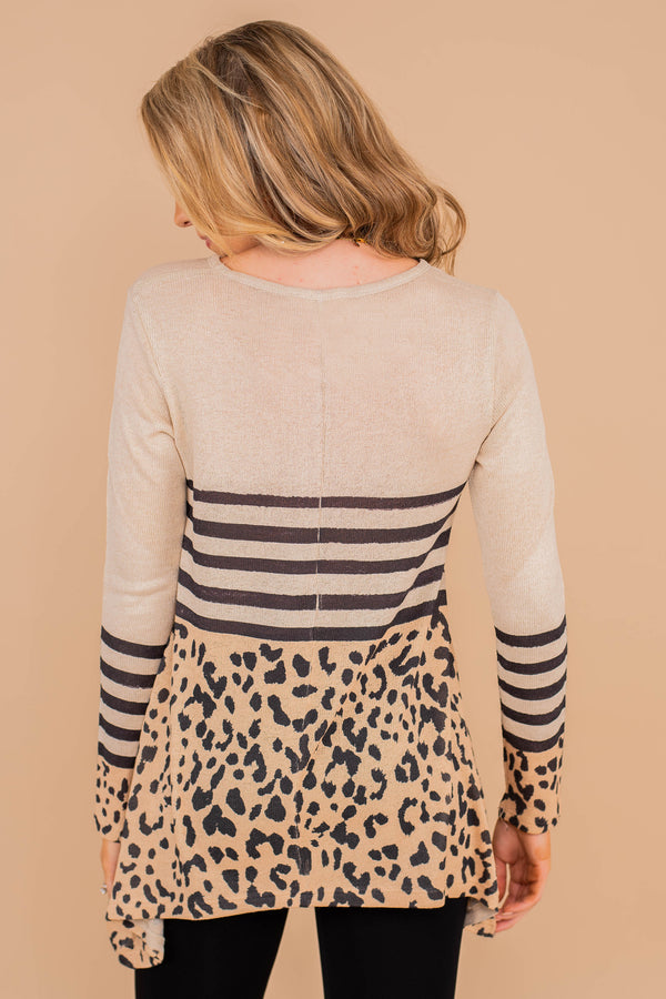 round neckline, long sleeves, stripes, leopard print, shark bite hemline, comfy