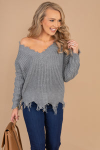 v-neck, long sleeves, knit fabric, distressed trim 