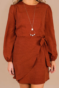 dress, chic, apron wrapped front, polka dot print, long sleeves, round neckline, faux wrap fit, polka dots 