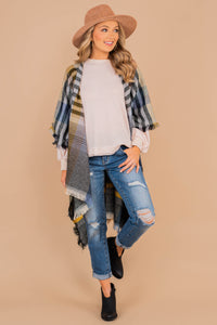 open front, plaid print, fringe hem, poncho, layering piece 