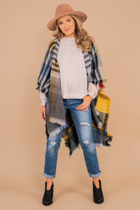 open front, plaid print, fringe hem, poncho, layering piece 