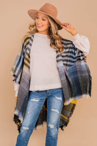 open front, plaid print, fringe hem, poncho, layering piece 