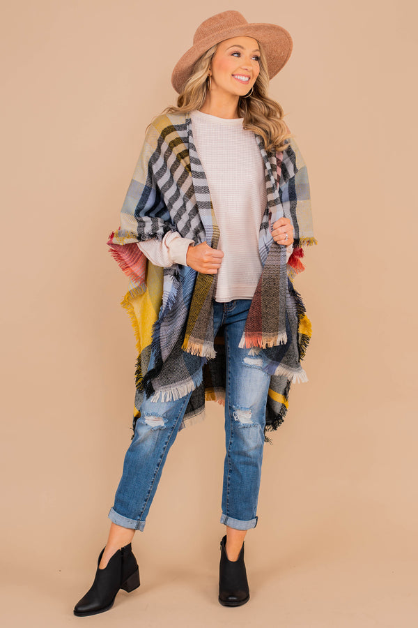 open front, plaid print, fringe hem, poncho, layering piece 