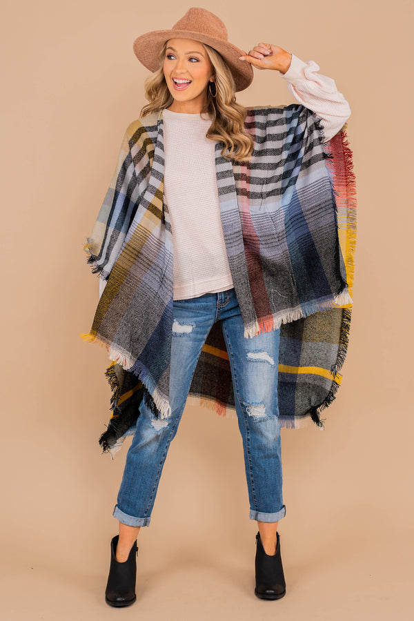 open front, plaid print, fringe hem, poncho, layering piece 