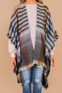 open front, plaid print, fringe hem, poncho, layering piece 