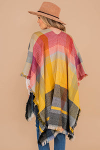 open front, plaid print, fringe hem, poncho, layering piece 