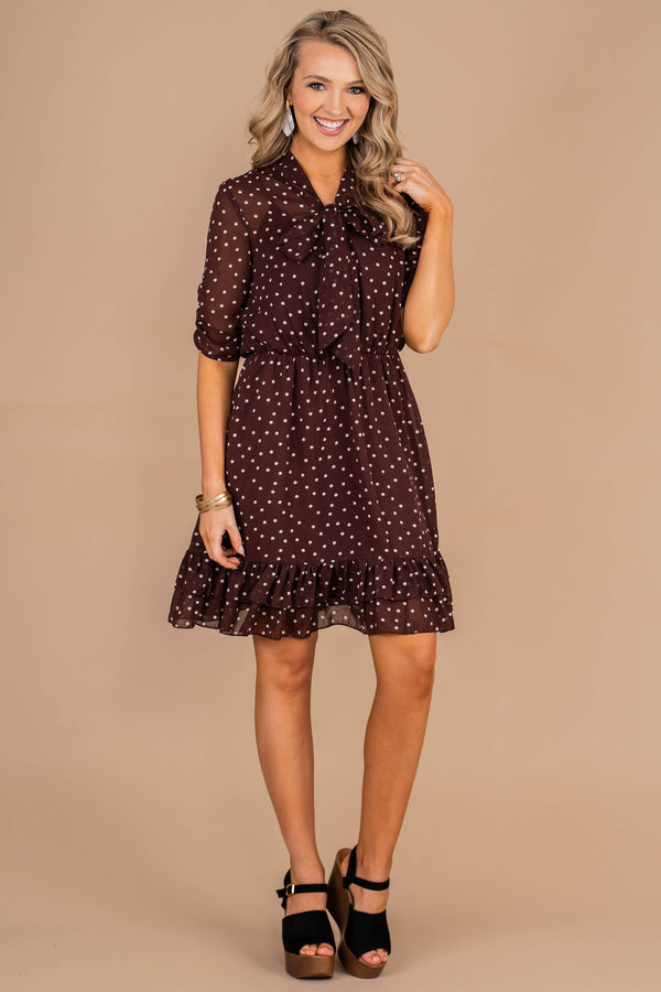 feminine, polka dot dress, v-neck, tied bow, ruffled hemline, tied waist, short sleeves, full lining, dress 