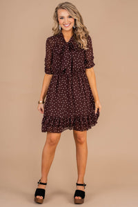 feminine, polka dot dress, v-neck, tied bow, ruffled hemline, tied waist, short sleeves, full lining, dress 