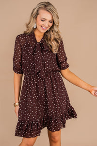 feminine, polka dot dress, v-neck, tied bow, ruffled hemline, tied waist, short sleeves, full lining, dress 