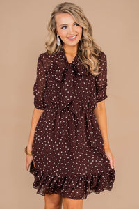 feminine, polka dot dress, v-neck, tied bow, ruffled hemline, tied waist, short sleeves, full lining, dress 