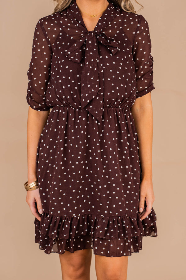 feminine, polka dot dress, v-neck, tied bow, ruffled hemline, tied waist, short sleeves, full lining, dress 