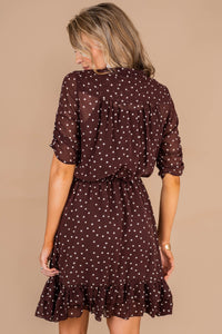 feminine, polka dot dress, v-neck, tied bow, ruffled hemline, tied waist, short sleeves, full lining, dress 