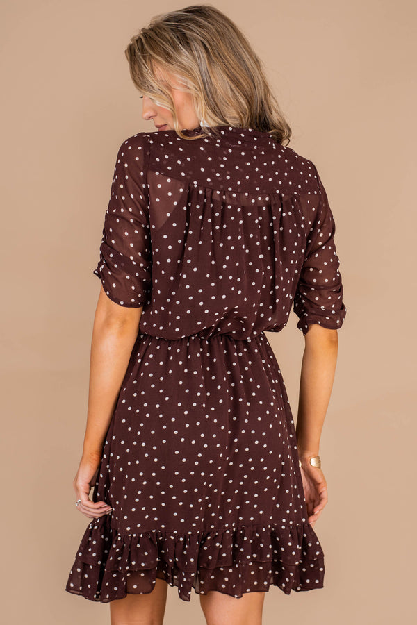 feminine, polka dot dress, v-neck, tied bow, ruffled hemline, tied waist, short sleeves, full lining, dress 