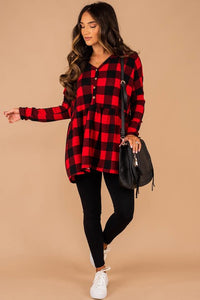 top, buffalo plaid print, long sleeves, partial button down, v-neckline, generous fit, comfy, buffalo plaid top