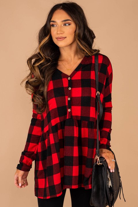 top, buffalo plaid print, long sleeves, partial button down, v-neckline, generous fit, comfy, buffalo plaid top