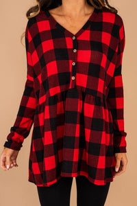 top, buffalo plaid print, long sleeves, partial button down, v-neckline, generous fit, comfy, buffalo plaid top