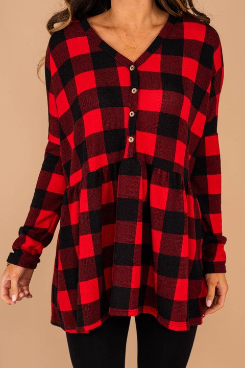 top, buffalo plaid print, long sleeves, partial button down, v-neckline, generous fit, comfy, buffalo plaid top