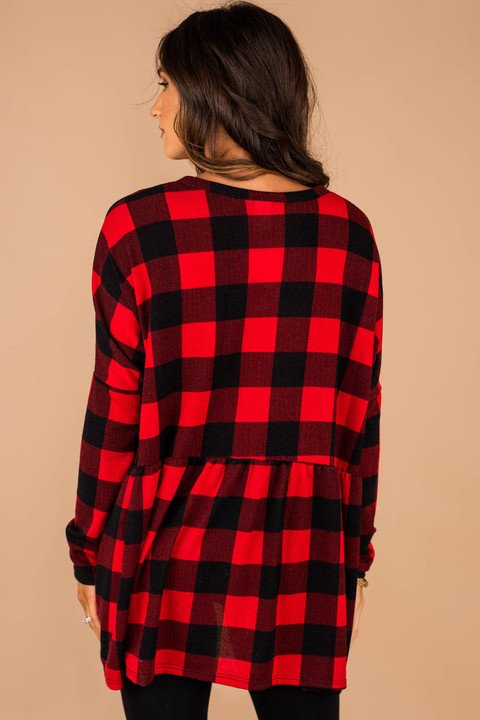 top, buffalo plaid print, long sleeves, partial button down, v-neckline, generous fit, comfy, buffalo plaid top