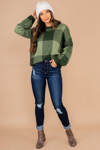 sweater, long sleeves, round neckline, large plaid print, green sweater, large plaid print, simple fit, comfy, casual 