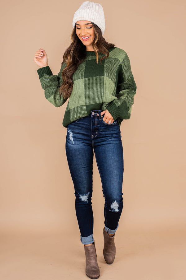 sweater, long sleeves, round neckline, large plaid print, green sweater, large plaid print, simple fit, comfy, casual 