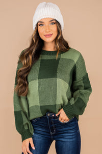 sweater, long sleeves, round neckline, large plaid print, green sweater, large plaid print, simple fit, comfy, casual 