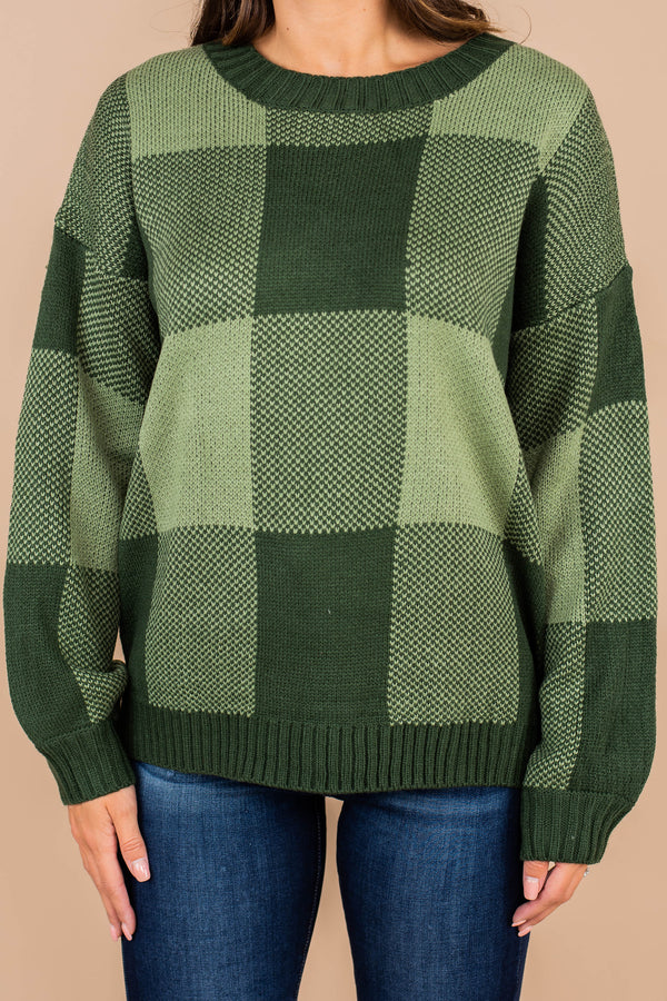 sweater, long sleeves, round neckline, large plaid print, green sweater, large plaid print, simple fit, comfy, casual 