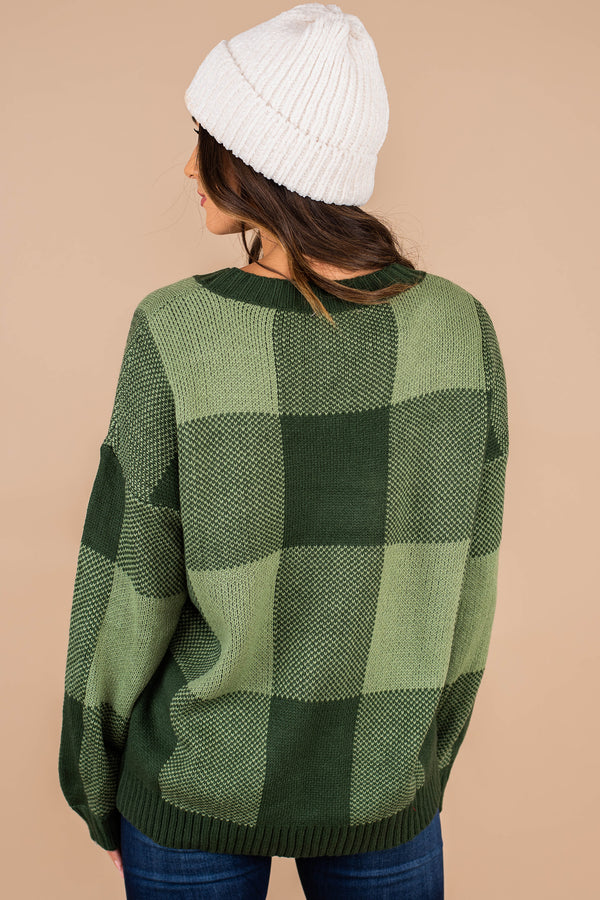 sweater, long sleeves, round neckline, large plaid print, green sweater, large plaid print, simple fit, comfy, casual 