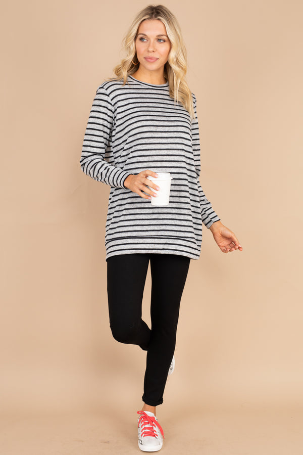 tunic, striped tunic, black, round neckline, long sleeves, striped print, comfy, casual 