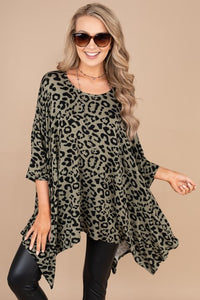 leopard poncho, poncho, green poncho, green, 3/4 sleeves, round neckline, shark bite hem, leopard print, comfy, flowy, bold