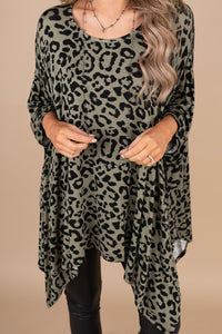 leopard poncho, poncho, green poncho, green, 3/4 sleeves, round neckline, shark bite hem, leopard print, comfy, flowy, bold