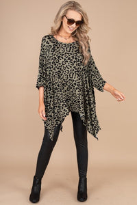 leopard poncho, poncho, green poncho, green, 3/4 sleeves, round neckline, shark bite hem, leopard print, comfy, flowy, bold