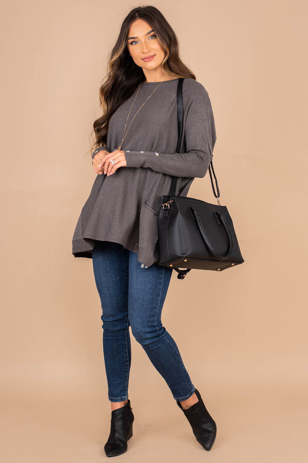 tunic, gray tunic, round neckline, long sleeves, pockets, button details, versatile, generous fit, comfy 