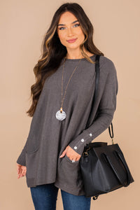 tunic, gray tunic, round neckline, long sleeves, pockets, button details, versatile, generous fit, comfy 