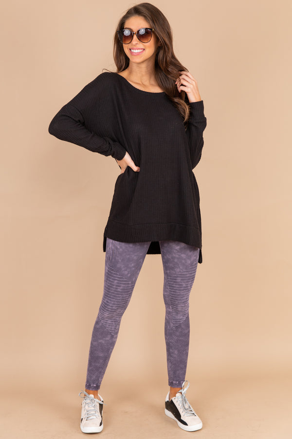 top, tunic, black top, waffle knit fabric, long sleeves, split sides, round neckline, high low hem, casual, waffle top