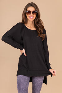 top, tunic, black top, waffle knit fabric, long sleeves, split sides, round neckline, high low hem, casual, waffle top