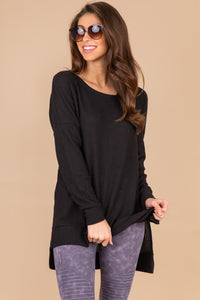 top, tunic, black top, waffle knit fabric, long sleeves, split sides, round neckline, high low hem, casual, waffle top